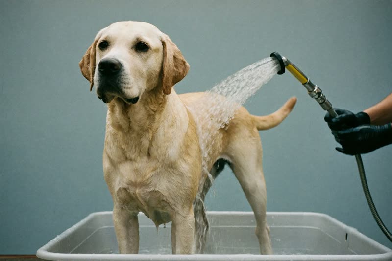 A labrador being rinsed down in a grooming tub