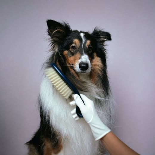 A long-haired dog being brushed and de-shedded