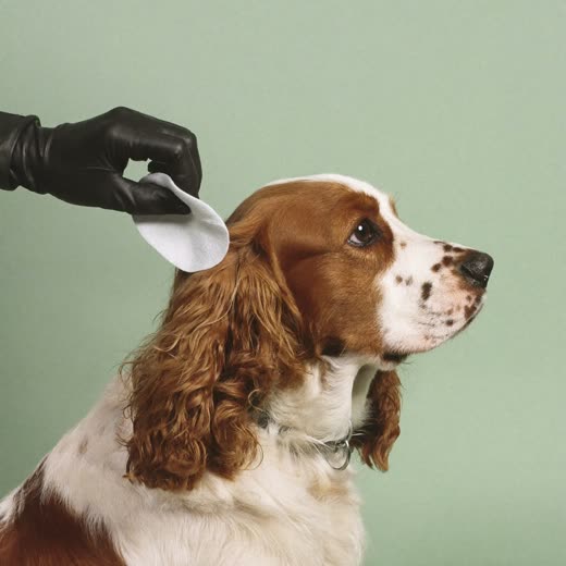 A spaniel having its ears gently cleaned
